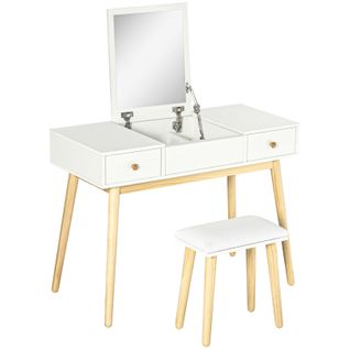 Coiffeuse Avec Miroir Et Tabouret Indira Blanche Et Bois