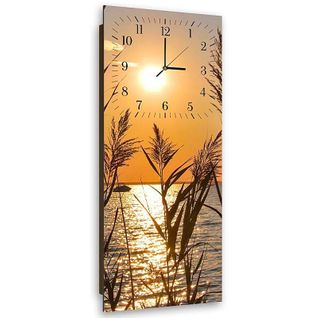 Horloge Murale Paysage Soleil Couchant Silhouette Herbes 40 X 118 Cm Orange