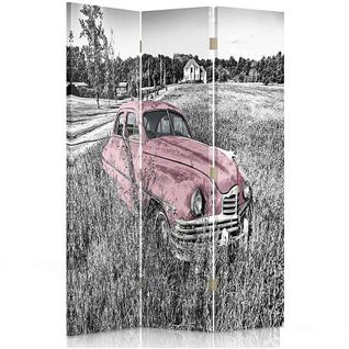 Paravent Déco Vintage Voiture Rose En Campagne 3 Panneaux 110 X 180 Cm - 1 Face Déco Rose
