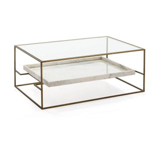 Table à Café Verre Marbre Métal Blanc Doré 111x76x45