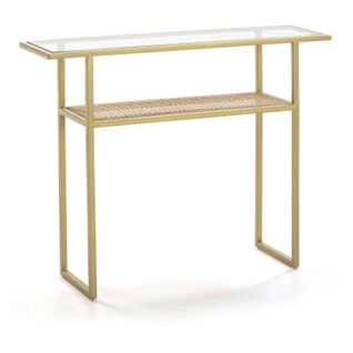 Console Verre Rotin Métal Doré 100x27x80