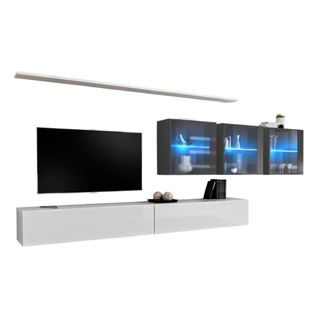 Ensemble Meuble Salon Mural Switch Xvii Design, Coloris Blanc Et Gris Brillant.