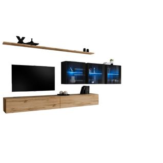 Ensemble Meuble Salon Mural Switch Xvii Design, Coloris Chêne Wotan Et Noir Brillant.