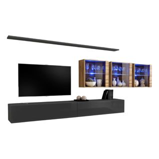 Ensemble Meuble Salon Mural Switch Xvii Design, Coloris Gris Brillant Et Chêne Wotan.