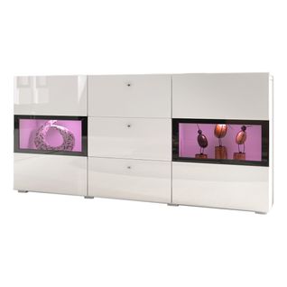 Buffet Ramos – Coloris Blanc Brillant Et Noir – LED Multicolores Intégrées - 2 Portes Vitrées + 3 T