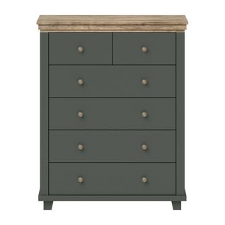 Commode XL Design 6 Tiroirs. Coloris Vert Kaki Et Chêne. Collection Assia