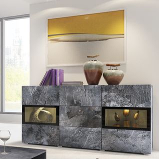 Buffet 130 Cm Ramos – Gris Effet Ardoise Et Noir – LED Multicolores Intégrées – 2 Portes Vitrées +