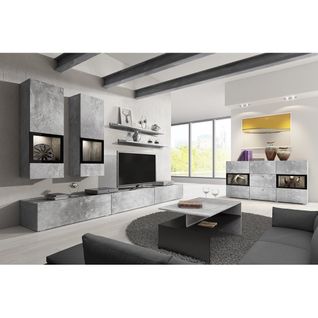 Ensemble Salon Complet Ramos – Effet Béton – 7 Meubles Avec LED Multicolore Intégrée