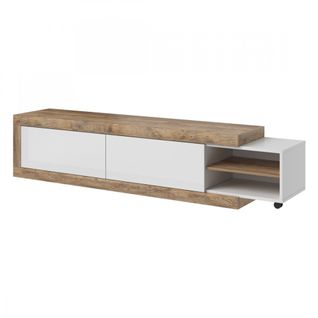 Meuble TV Extensible Sinatra – Chêne Et Blanc Brillant – 2 Portes + Niches – L200 à 240 X H43,4 X P