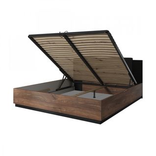 Lit Coffre 180x200 – Chêne Foncé Et Noir – Collection Fox – Sommier Inclus