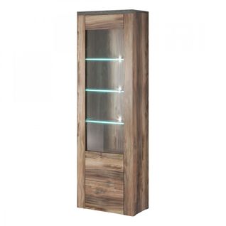 Vitrine Haute Design 1 Porte Avec Éclairage LED Collection Santiago. Coloris Noyer Et Noir Effet Bo
