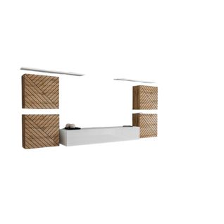 Ensemble Meuble Salon Switch Iv. Coloris Chêne Wotan Et Blanc. Finitions Chêne Fraisé Et Blanc Bril