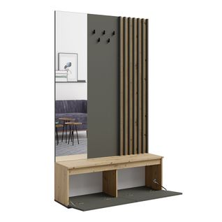 Meuble D'entrée Avec Porte-manteau Et Miroir 120 Cm - Chêne Clair Et Gris Anthracite - Collection N