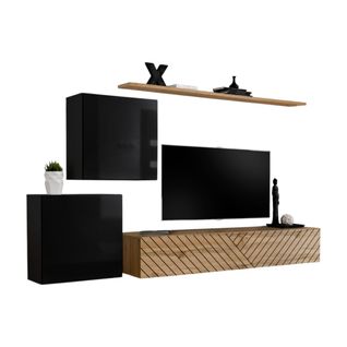 Ensemble De Meubles Design De Salon Switch V, Coloris Noir Et Chêne. Finitions Noir Brillant Et Chê