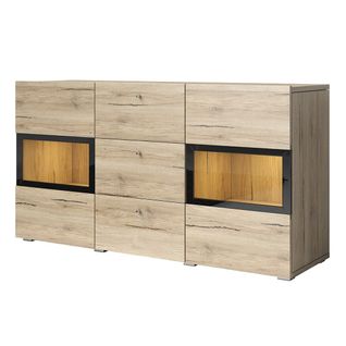 Buffet Ramos – 2 Portes Vitrées + 3 Tiroirs – Coloris Chêne Et Noir – Design Contemporain – LED Non