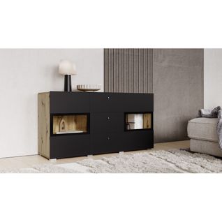 Buffet Ramos 130 Cm – Chêne Et Noir Super Mat – 2 Portes Vitrées Et 3 Tiroirs – Sans LED
