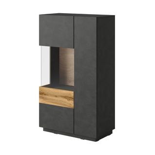 Buffet Haut Avec Collection Kiles Deux Portes. Coloris Gris Anthracite Et Chêne. Porte Vitrée à Gau
