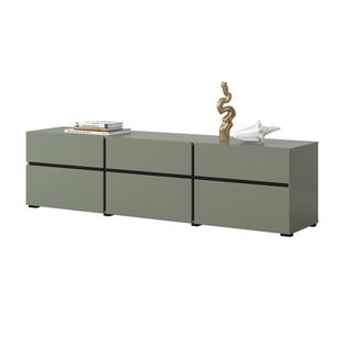Meuble TV Coloris Vert Sauge 180cm Collection Havana. Meuble Design Avec 3 Portes Et 3 Tiroirs.