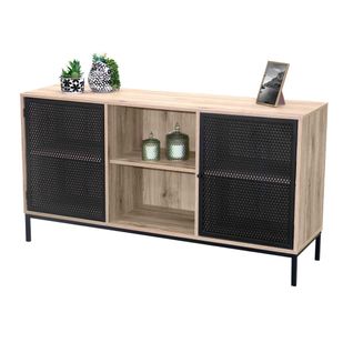 Buffet 2 Portes Avec Grillage En Métal Noir – Coloris Chêne Clair, Dimensions 100x40xh75 Cm – Colle