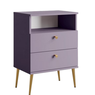 Table De Chevet Aurora – 2 Tiroirs + Niche – Violet Et Pieds Dorés