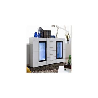 Buffet Kroni Avec Éclairage LED - 4 Tiroirs Et 2 Portes Vitres - Blanc Mat Et Brillant - 150 X 82 X