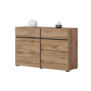Buffet 120cm Coloris Chêne Et Noir Collection Havana. Bahut  Design Avec 2 Portes Et 2 Tiroirs.