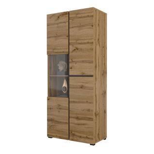 Vitrine Haute 2 Portes Collection Havana Avec LED Intégrée. Coloris Chêne Et Noir.