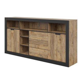 Buffet Haut XL Meunier – 2 Portes Coulissantes, 3 Tiroirs et 6 Niches – Chêne Samdal et Noir Mat