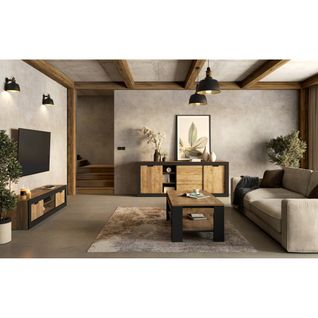 Pack Salon Loft Meunier – Meuble TV, Buffet et Table Basse En Chêne Samdal et Noir Mat