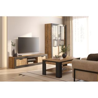 Pack Salon Complet Meunier – Meuble TV, Vitrine et Table Basse En Chêne Samdal et Noir Mat