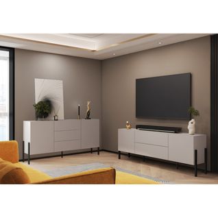 Pack Salon Salma – Buffet 2 Portes et 3 Tiroirs Et Meuble TV 2 Portes et 2 Tiroirs Beige et Noir Mat