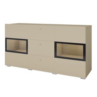 Buffet Ramos 130 Cm – Beige Clair – LED Multicolore Intégrée – 2 Portes Vitrées Et 3 Tiroirs