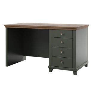 Bureau Assia 140 Cm Vert Foncé Et Bois - 4 Tiroirs Avec Poignées Bouton - Élégance Chic