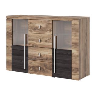 Buffet Brazza 2 Portes 4 Tiroirs – Finition Noyer Satin – Niches Ouvertes Et Vitrées – 132 Cm