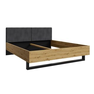 Lit Melody 160x200 Cm – Tête De Lit Rembourrée – Noir Graphite Et Chêne Clair – Sommier Et Matelas