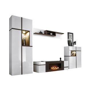 Ensemble De Salon Criss Avec Cheminée Bio-éthanol – Blanc Brillant – Meuble TV, Vitrine, Vitrine Ba