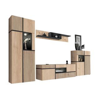 Ensemble Salon Complet Criss – Meuble TV, Buffet Haut, Vitrine, Étagère Murale – Chêne Clair Et Noi