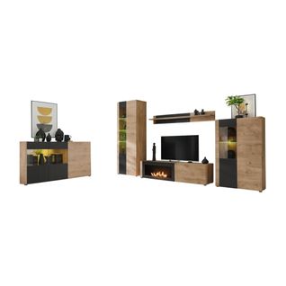 Salon Complet Doum – Buffet Bas, Vitrine, Meuble TV Avec Cheminée Bio-éthanol, Buffet Haut Et Étagè