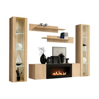 Composition Murale Fly – Chêne Clair – Vitrines Vitrées, Étagères Et Meuble TV Avec Cheminée Bio-ét