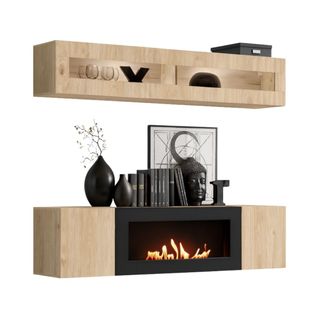 Composition Murale Fly – Chêne Clair – Vitrine Horizontale Vitrée Et Meuble TV Avec Cheminée Bio-ét