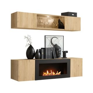 Composition Murale Fly – Chêne Clair – Vitrine Horizontale Partiellement Vitrée Et Meuble TV Avec C