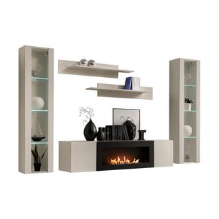 Composition Murale Fly Cachemire Avec Vitrines Vitrées, Cheminée Bio-éthanol Et LED