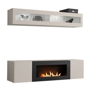 Composition Murale Fly Cachemire Avec Vitrine Vitrée Horizontale Et Meuble TV Cheminée Bio-éthanol