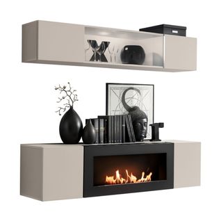 Composition Murale Fly Cachemire Avec Vitrine Partiellement Vitrée Et Meuble TV Cheminée Bio-éthano