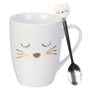 Mug Déco Avec Cuillère "chat" 11cm Blanc