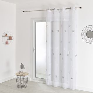 Voilage Fantaisie Brodé Feuilles De Gingko - 140x260 Cm - Gris Clair