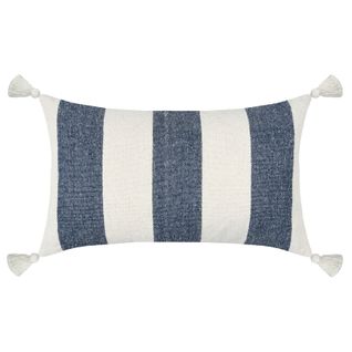 Coussin à Bandes Bleues à Pompons - 30x50 Cm - Bleu