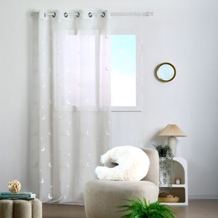 Voilage Enfant Brodé Étoiles Et Lunes - 140x260 Cm - Naturel