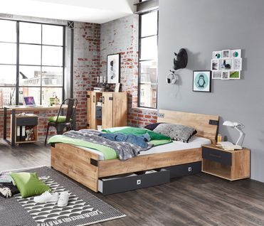 Ensemble Chambre Enfant/ado Imitation Chêne Poutre, Rechampis Graphite - 90 X 200 Cm