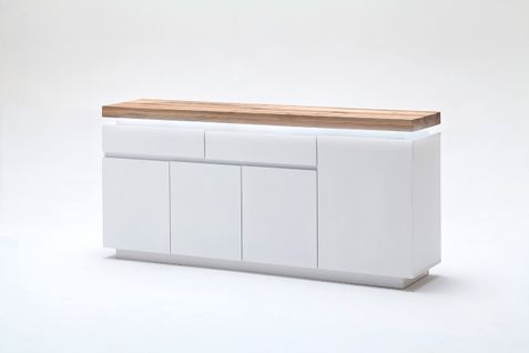 Buffet LED Laqué Blanc Mat Avec Plateau En Chêne Noueux Huilé - L175 X H81 X P40 Cm